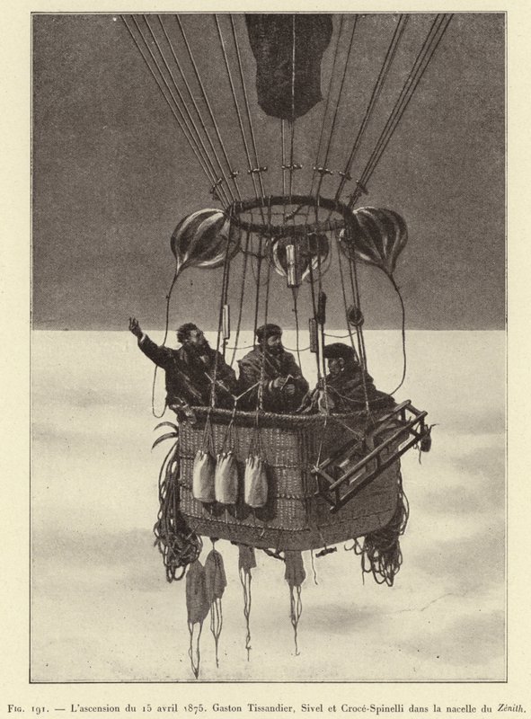 A subida de 15 de Abril de 1875, Gaston Tissandier, Sivel e Croce-Spinelli na gôndola Zenith (gravura) de French School