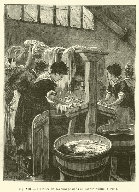 Oficina de sabão em uma casa de banho pública, Paris (gravura) de French School