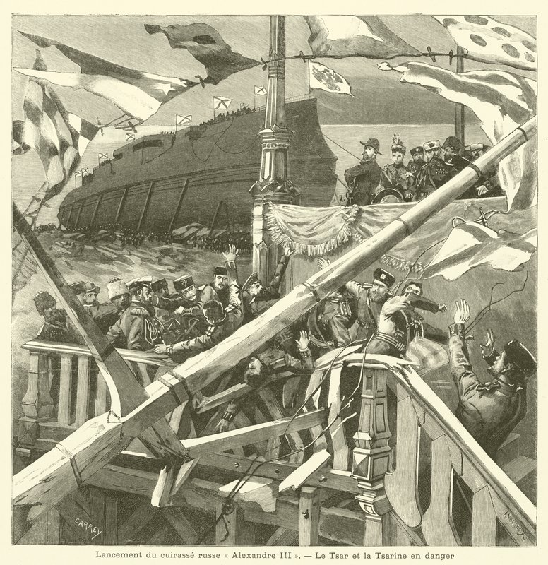 Lançamento do navio de guerra russo Imperador Aleksandr III (gravura) de French School