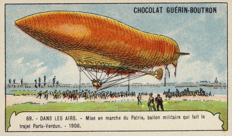 Lançamento do dirigível militar Patrie, que fez o voo de Paris para Verdun. de French School