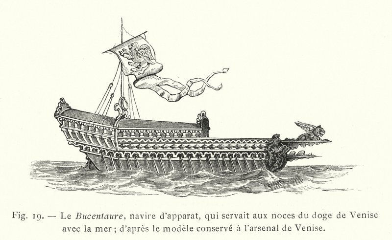 O Bucentauro, um navio cerimonial, que foi usado para o casamento do doge de Veneza com o mar; do modelo guardado no arsenal de Veneza (gravura) de French School
