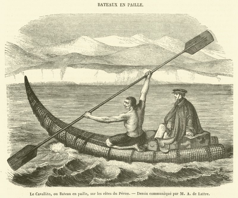 O Cavallito, ou barco de palha, na costa do Peru (gravura) de French School