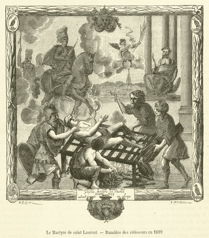O Martírio de São Lourenço, Banniere des rotisseurs em 1699 (gravura) de French School
