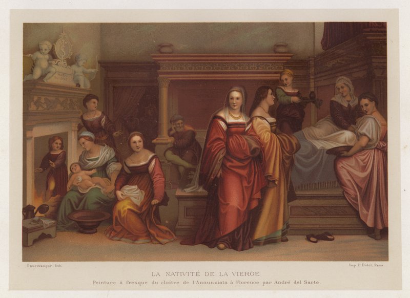 A Natividade da Virgem, pintura afresco do claustro da Annunziata em Florença por André del Sarte (chromolitho) de French School