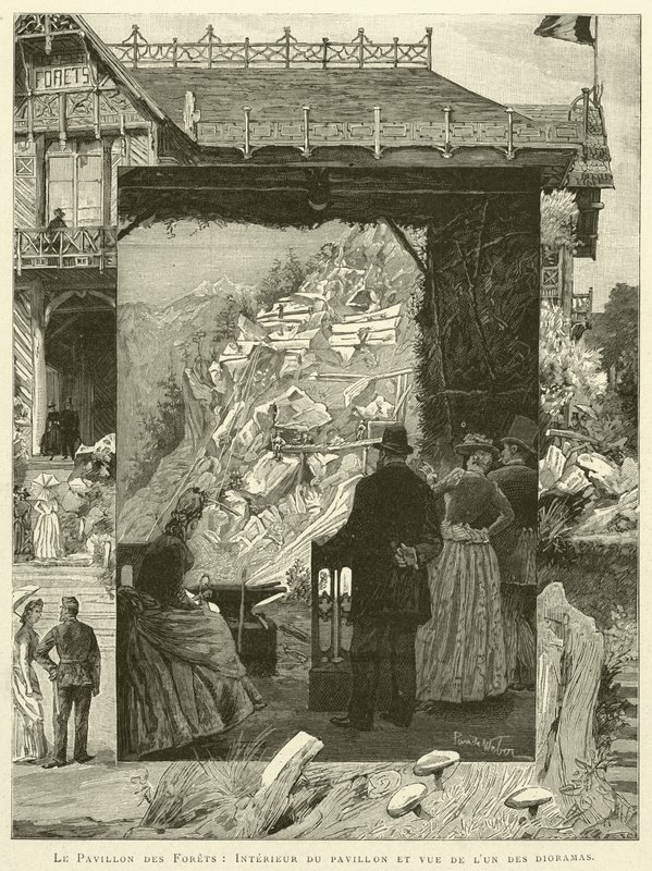Le Pavillon des Forets, Interior do pavilhão e vista de um dos dioramas (gravura) de French School
