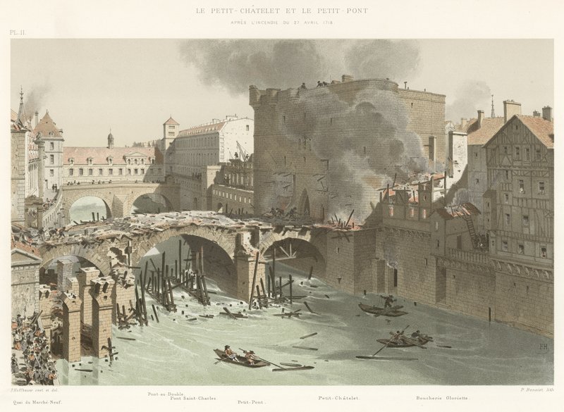 O Petit-Chatelet e o Petit-Pont, depois do incêndio de 27 de abril de 1718 de French School