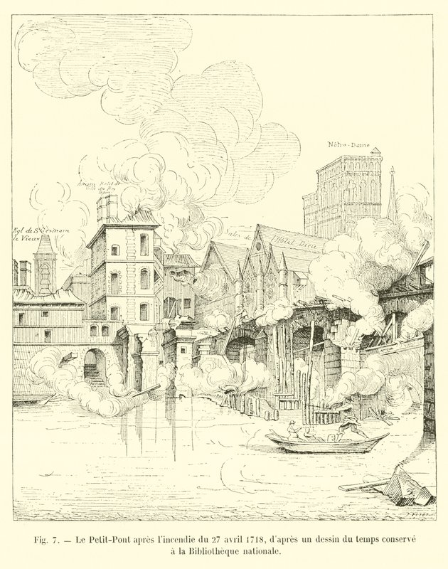 A pequena ponte após o incêndio de 27 de abril de 1718, a partir de um desenho do tempo preservado na Biblioteca Nacional de French School