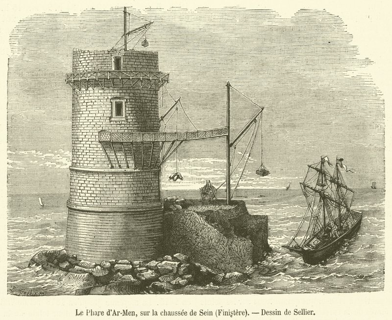 O farol Ar-Men, na chaussee de Sein, Finistere (gravura) de French School