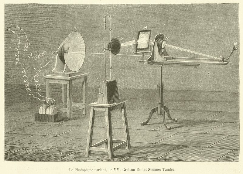 The Talking Photophone, de Graham Bell e Summer Tainter (gravura) de French School