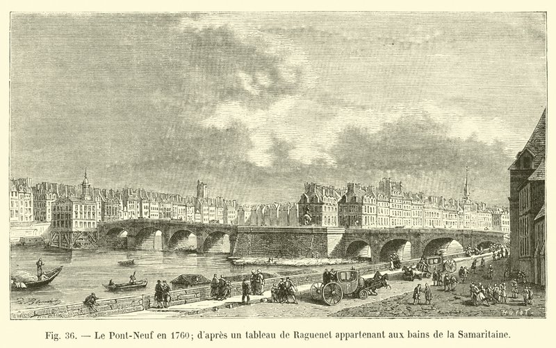 O Pont-Neuf em 1760, depois de uma pintura de Raguenet pertencente aos banhos da Samaritaine de French School