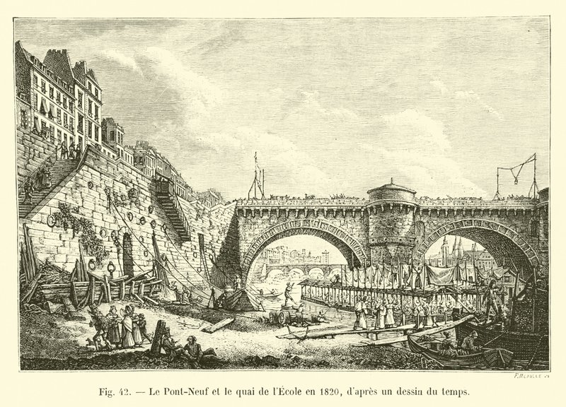 O Pont-Neuf e o Quai de l&39;Ecole em 1820, a partir de um desenho da época de French School