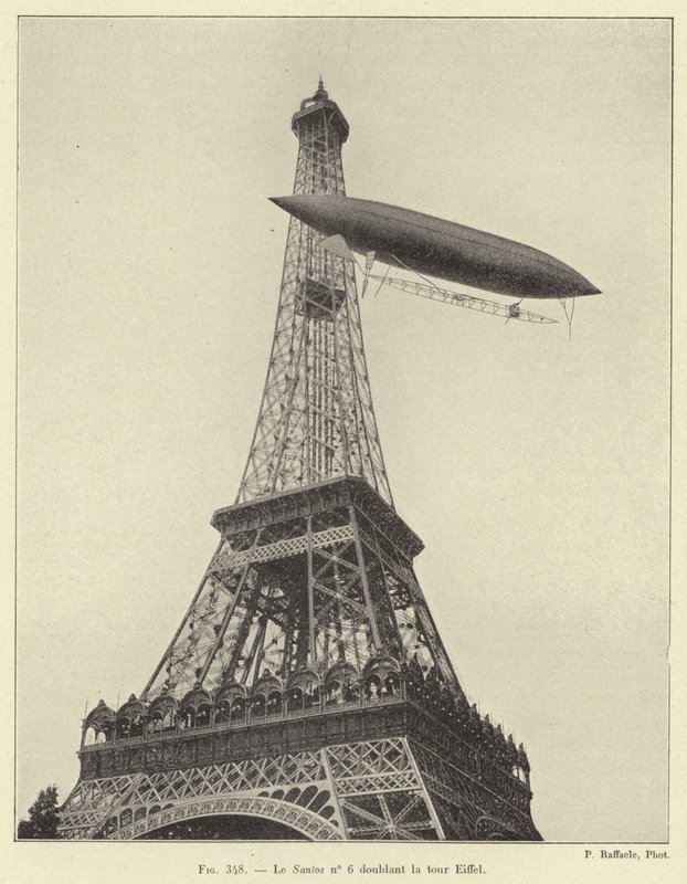 Santos No. 6 passando pela Torre Eiffel (gravura) de French School
