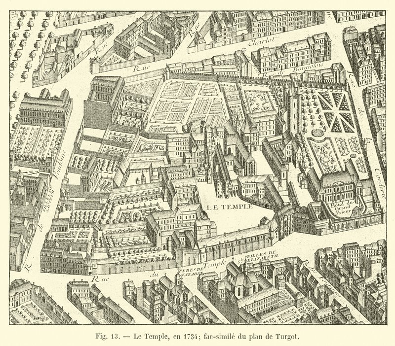 O templo, em 1734; fac-símile do plano de Turgot de French School