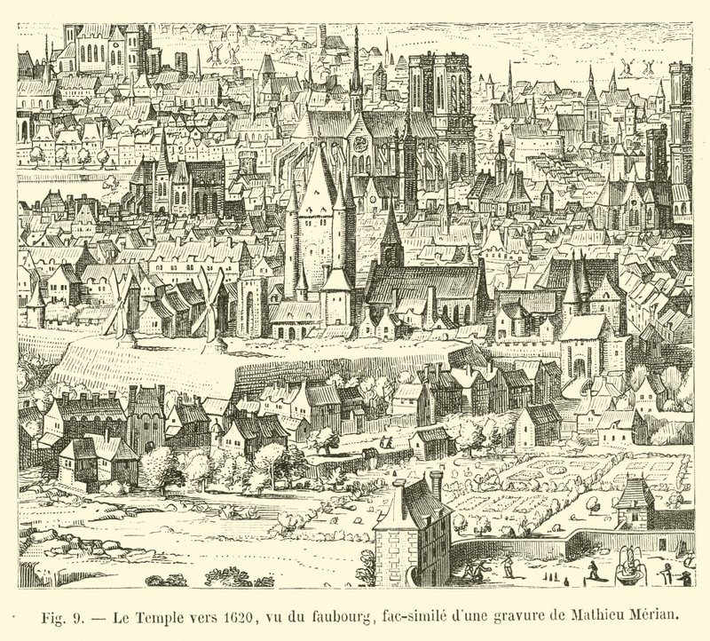 O templo por volta de 1620, visto do Faubourg, fac-símile de uma gravura por Mathieu Merian de French School
