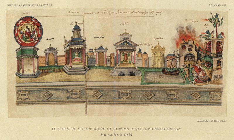 O Teatro onde a Paixão foi tocada em Valenciennes em 1547 (cor litho) de French School