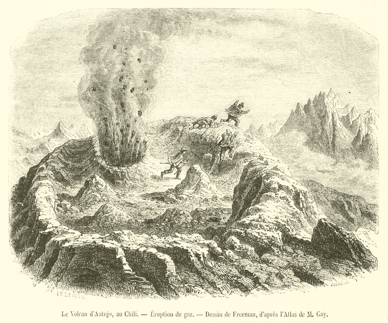Vulcão Antujo, Chile, erupção de gás (gravura) de French School