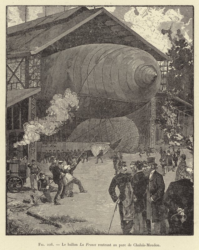 O balão La France de regresso ao parque de Chalais-Meudon (gravura) de French School