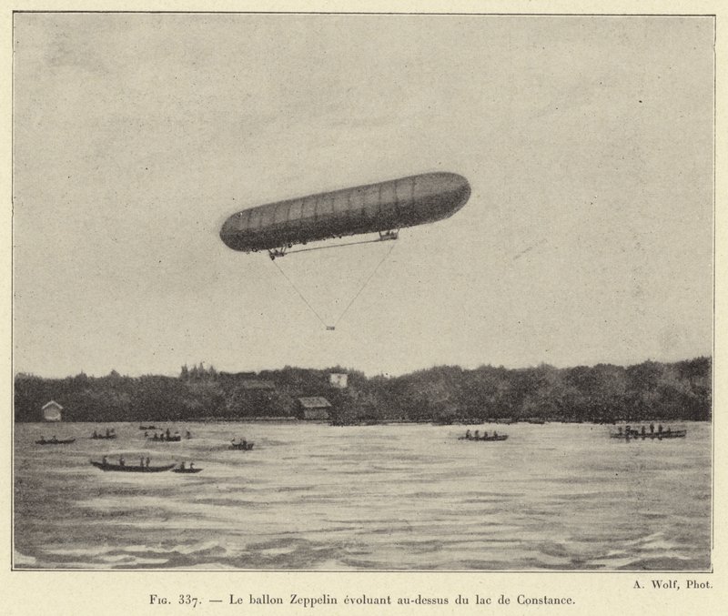 O balão Zeppelin sobrevoando o Lago Constança (gravura) de French School