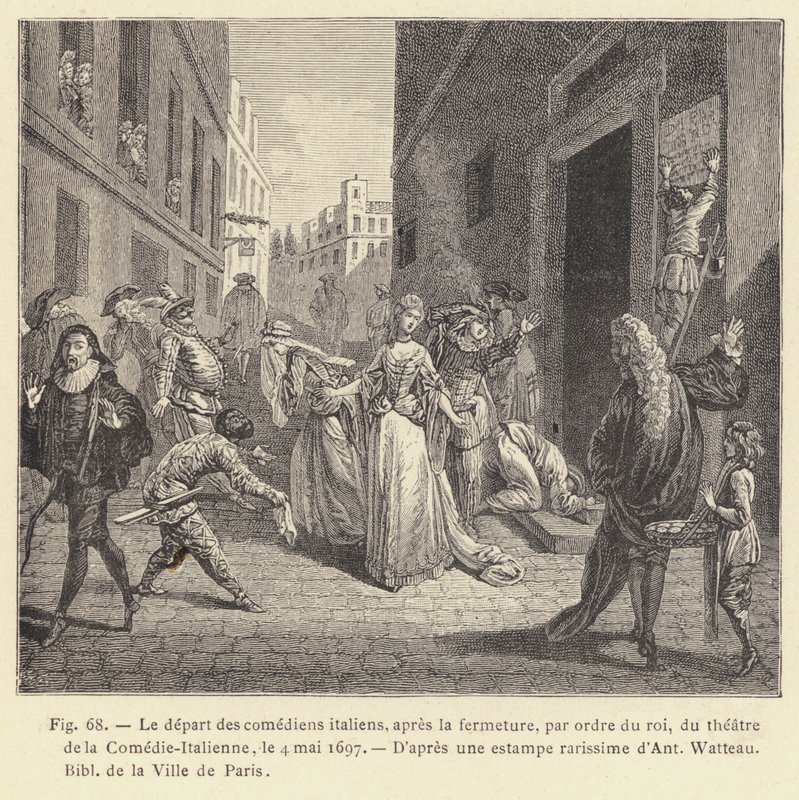 A partida dos comediantes italianos, após o encerramento, por ordem do rei, do teatro da Comédia-Italienne, 4 de maio de 1697 (gravura) de French School