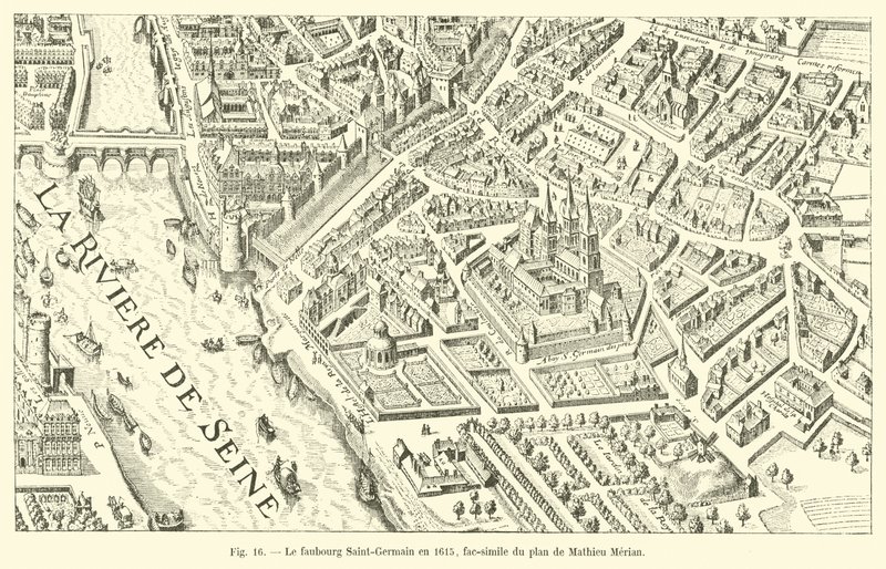 O Faubourg Saint-Germain em 1615, fac-símile do plano de Mathieu Merian de French School