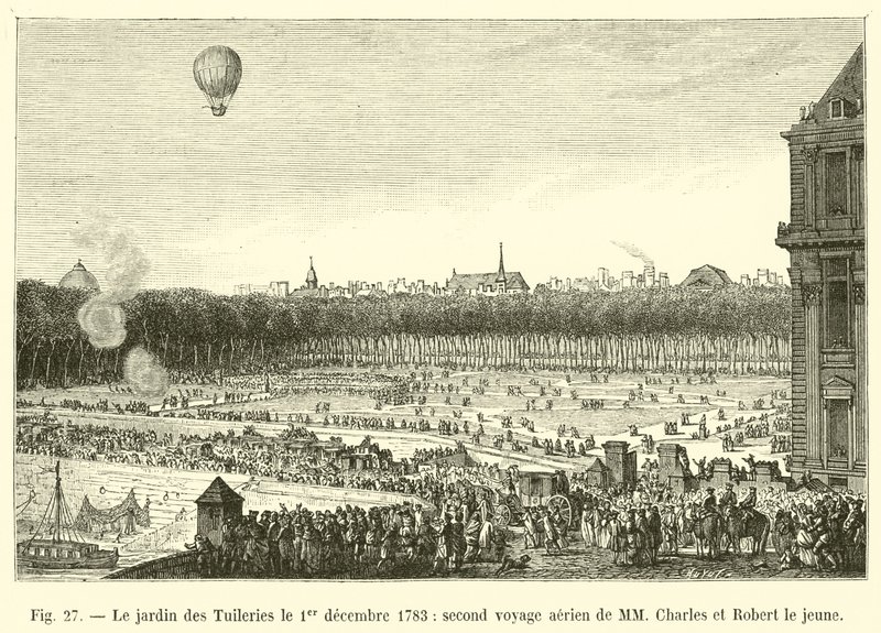 O Jardim das Tulherias em 1 de dezembro de 1783, a segunda viagem aérea de MM Charles e Robert the Younger de French School