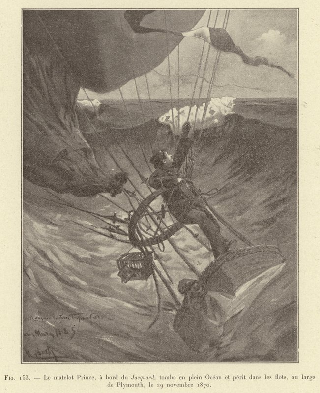 Príncipe Marinheiro, a bordo do Jacquard, caiu no oceano e perdeu-se no mar ao largo de Plymouth, 29 de Novembro de 1870 (gravura) de French School