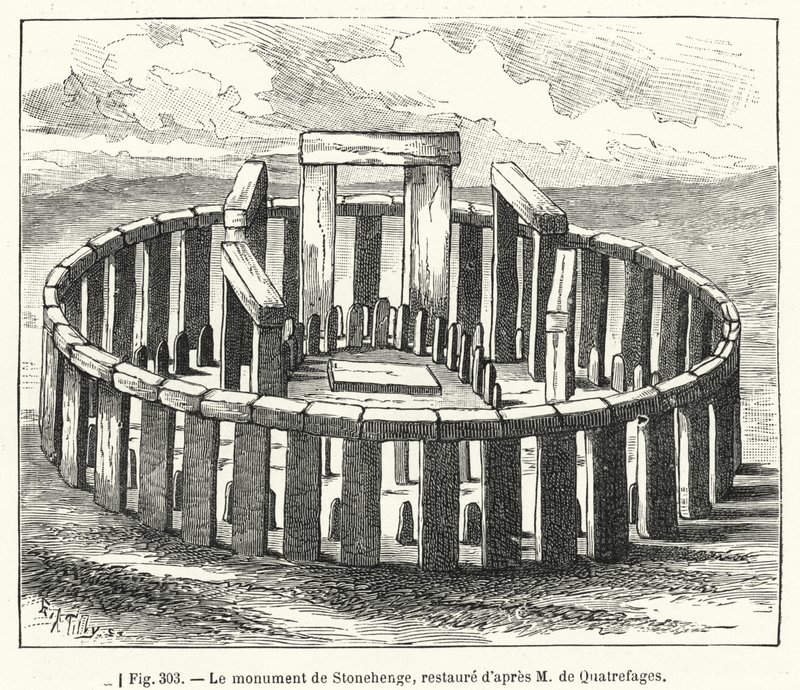 O monumento Stonehenge, restaurado após M de Quatrefages (gravura) de French School