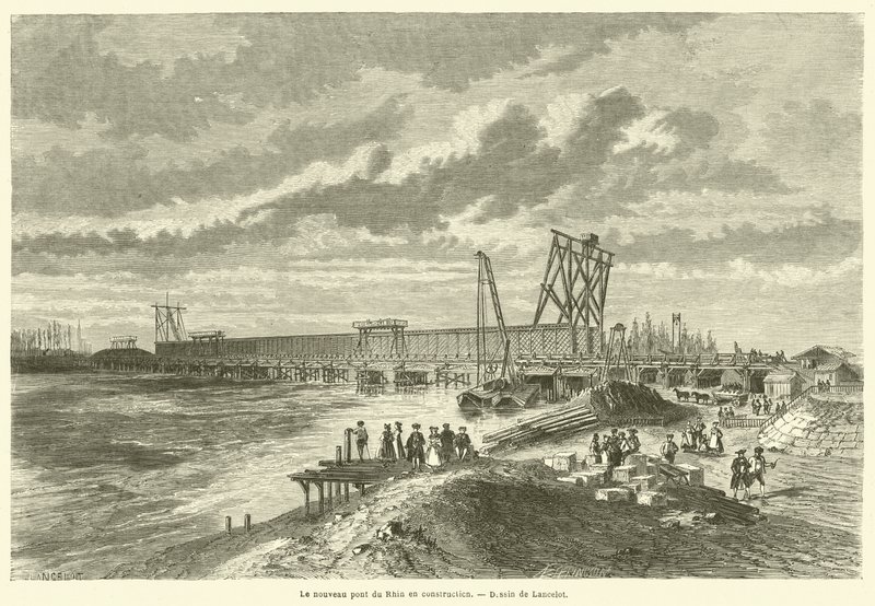 A nova ponte do Reno em construção (gravura) de French School