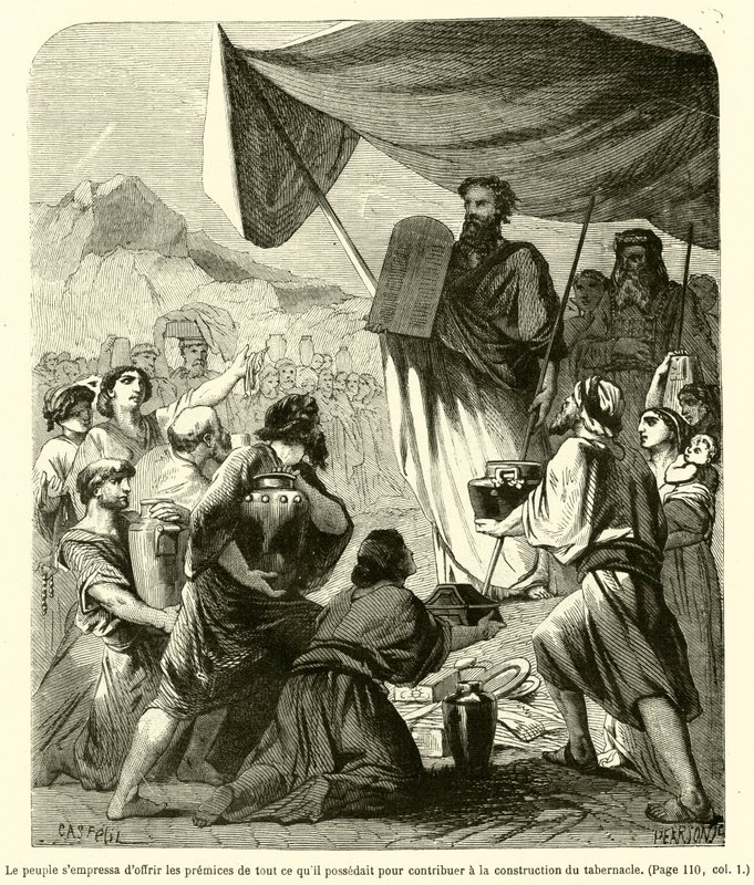 O povo apressou-se a oferecer os primeiros frutos de tudo o que tinha para contribuir para a construção do tabernáculo (gravura) de French School