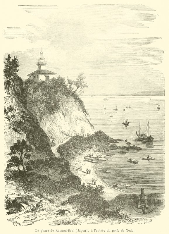 O farol Kannon-Saki (Japão), na entrada do Golfo de Yedo (gravura) de French School