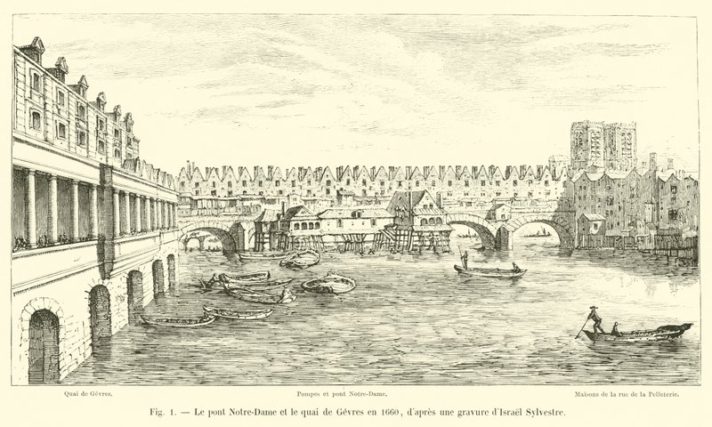 A Ponte de Notre-Dame e o Quai de Gevres em 1660, após uma gravura de Isrel Sylvestre de French School