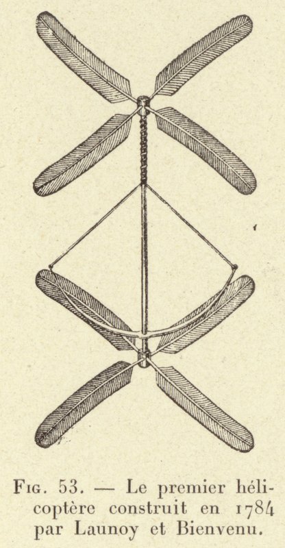 O primeiro helicóptero construído em 1784 por Launoy e Bienvenu (gravura) de French School