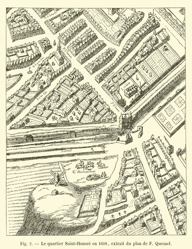O distrito de Saint-Honoré em 1608, tirado do plano de F Quesnel de French School