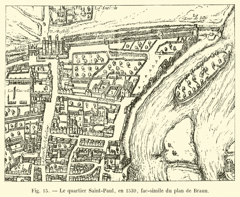 O distrito de Saint-Paul, em 1530, fac-símile do plano de Braun de French School
