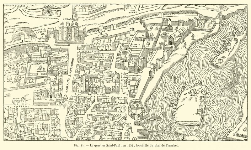 O distrito de Saint-Paul, em 1552, fac-símile do plano de Truschet de French School