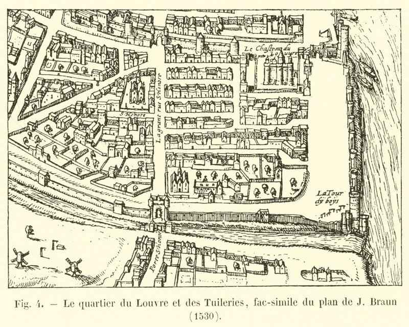 O Louvre e Tuileries distrito, fac-símile do plano de J Braun, 1530 de French School