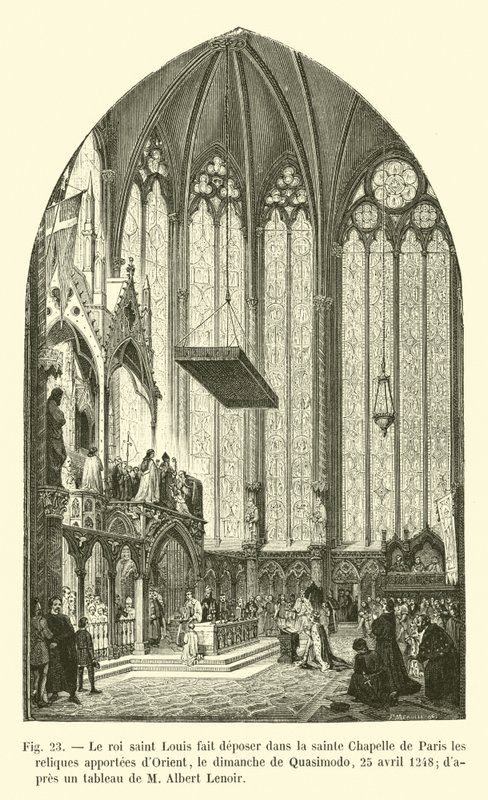 O Rei Saint Louis deposita na Santa Capela de Paris as relíquias trazidas para o Oriente, o domingo de Quasimodo, em 25 de abril de 1248, a partir de uma pintura de Albert Lenoir de French School