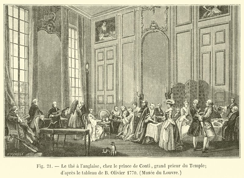 O chá é falado na casa do Príncipe de Conti, Grão Prior do Templo; dapres a pintura de B Olivier 1770, Museu do Louvre de French School