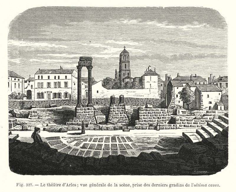 O teatro de Arles; vista geral da cena, tirada das últimas camadas da ultima cavea (gravura) de French School