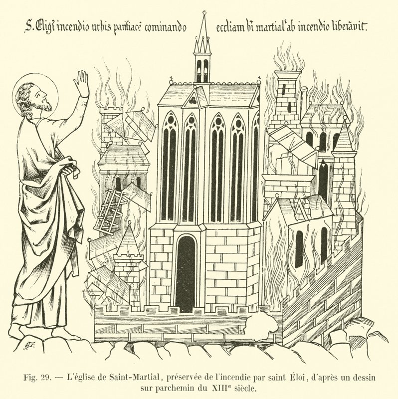 A Igreja de Saint-Martial, salvo pelo fogo de São Eloi, depois de um desenho em pergaminho do século XIII de French School