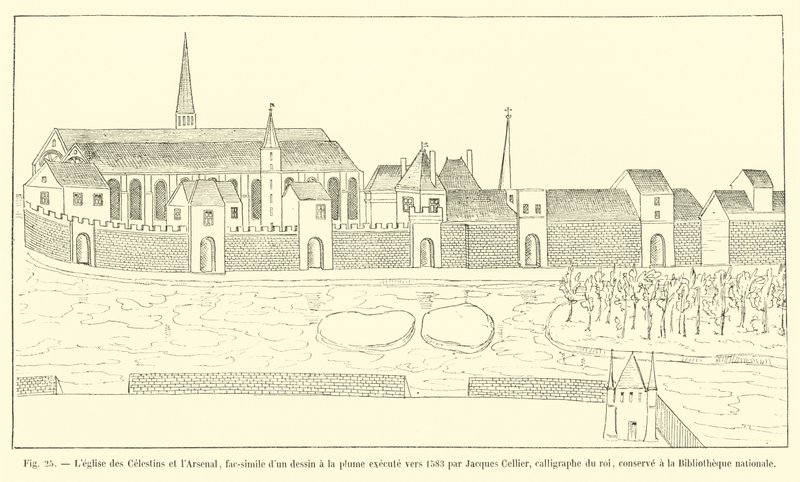 A Igreja dos Celestinos e o Arsenal, fac-símile de um desenho de caneta executado por volta de 1583 por Jacques Cellier, o calígrafo do rei, mantido na Biblioteca Nacional de French School