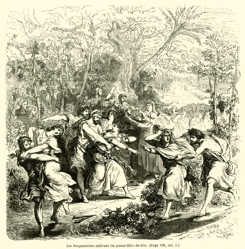 Os benjaminitas raptam as meninas de Shiloh (gravura) de French School