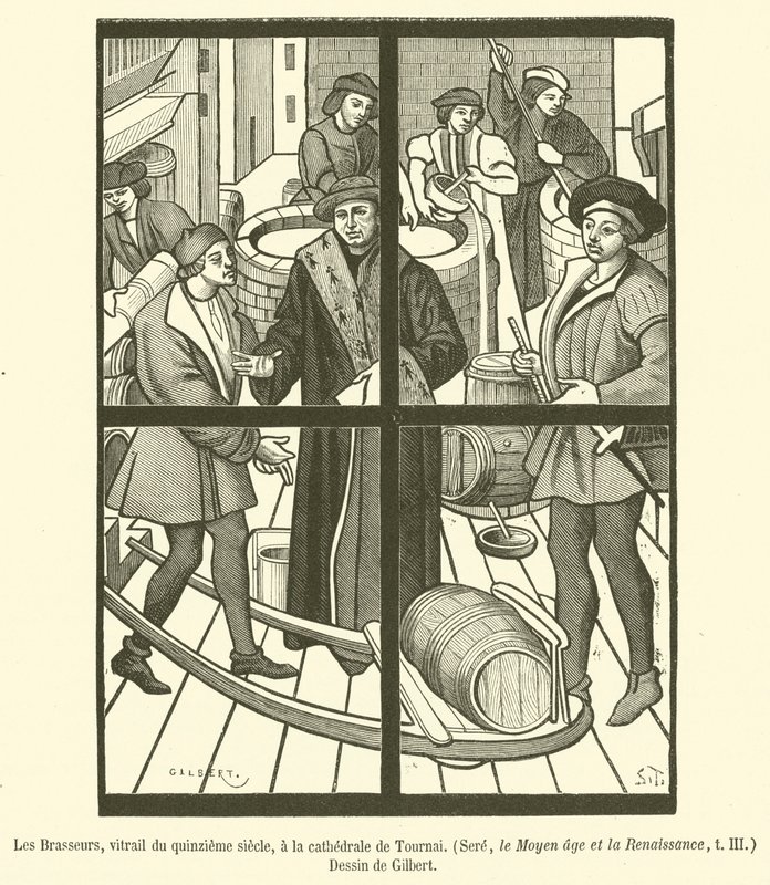 Os cervejeiros, vitral do século XV, na catedral de Tournai (gravura) de French School
