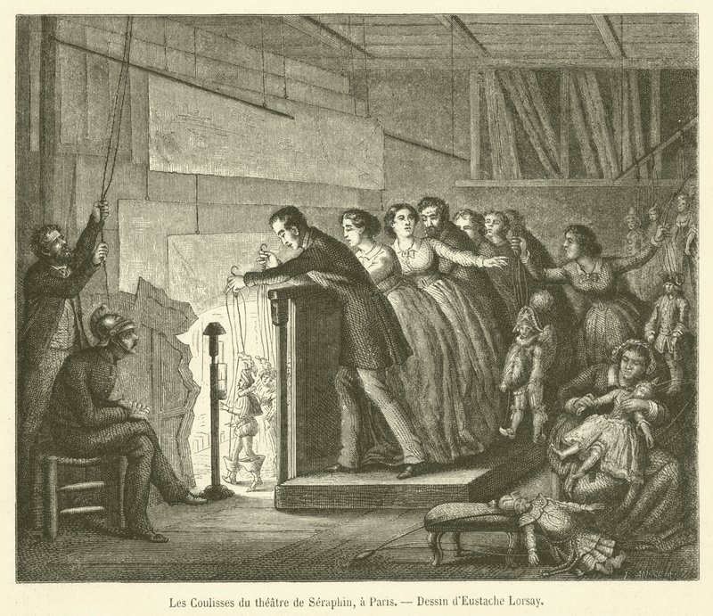 Nos bastidores do teatro de Seraphin, em Paris (gravura) de French School
