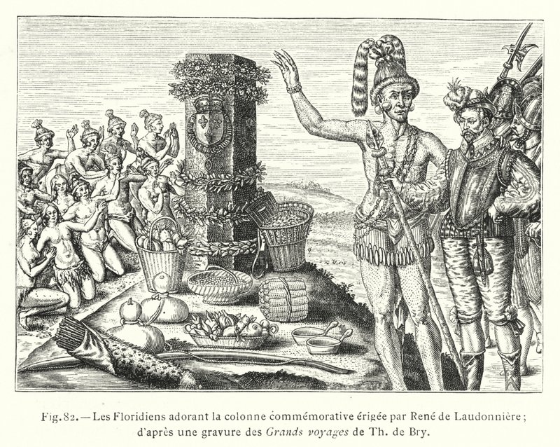 Os Floridianos adoram a coluna comemorativa erguida por René de Laudonniere; de uma gravura das viagens de Th de Bry