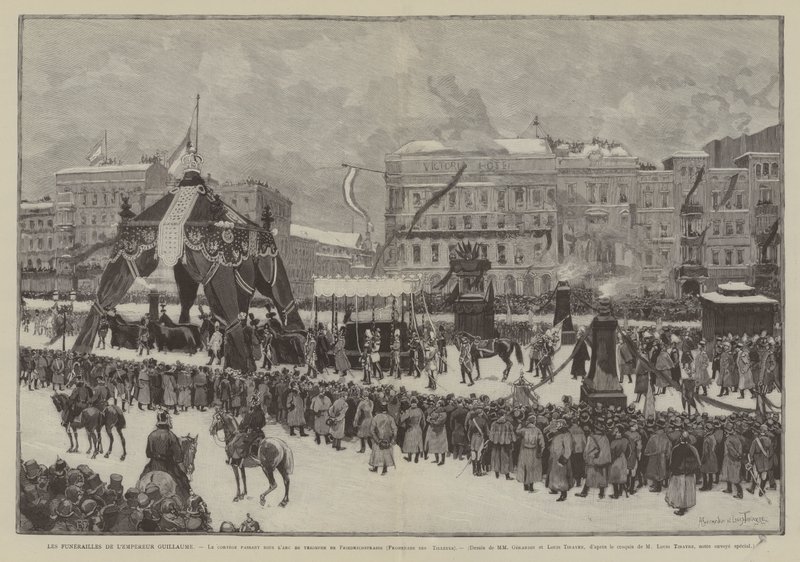 Funeral do Kaiser Wilhelm, O cortejo que passa sob o arco triunfal na Friedrichstrasse, Promenade des Tilleuls (gravura) de French School