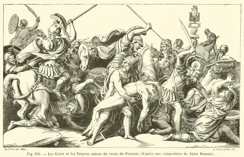 Os gregos e troianos ao redor do corpo de Patroclus (gravura) de French School