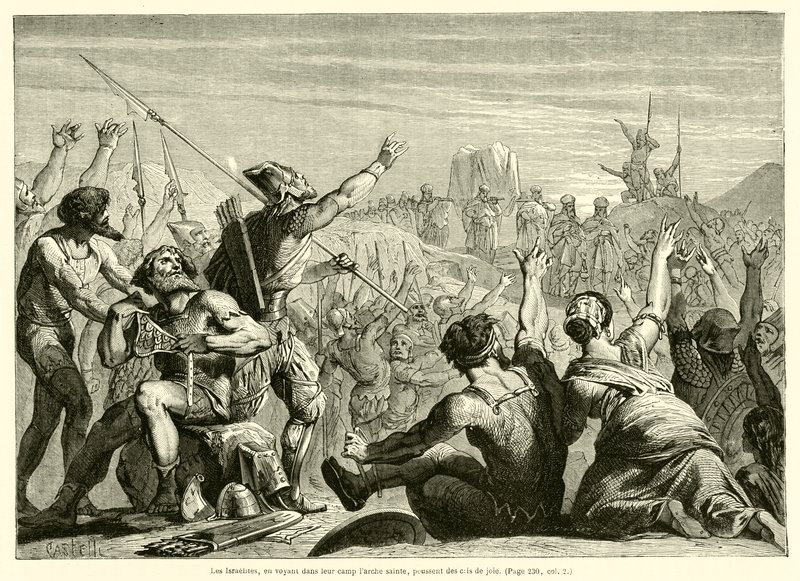 Quando os israelitas viram a arca sagrada no seu acampamento, gritaram de alegria (gravura) de French School
