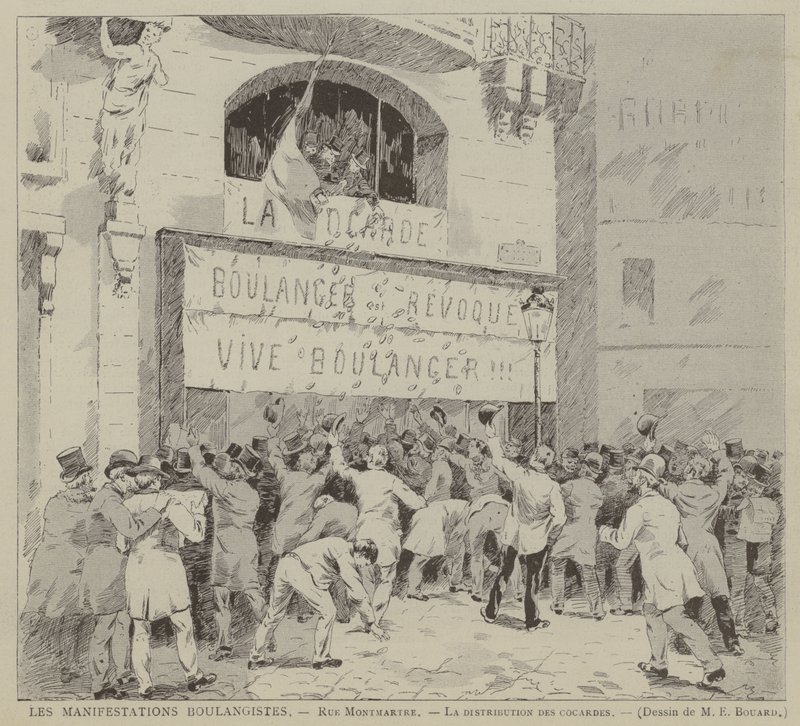 Les Manifestations Boulangistes, Rue Montmartre, La distribution des cocardes (gravura) de French School