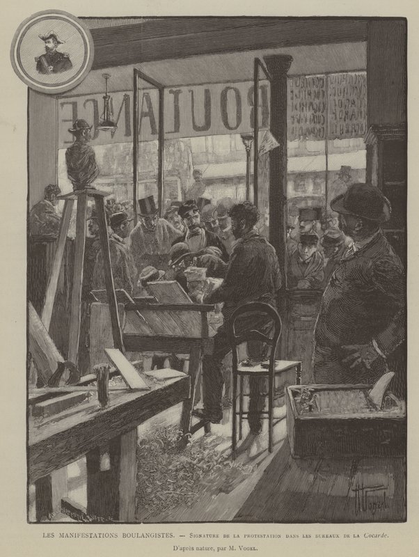 Les Manifestations Boulangistes, Assinatura do protesto nos escritórios da Cocarde (gravura) de French School